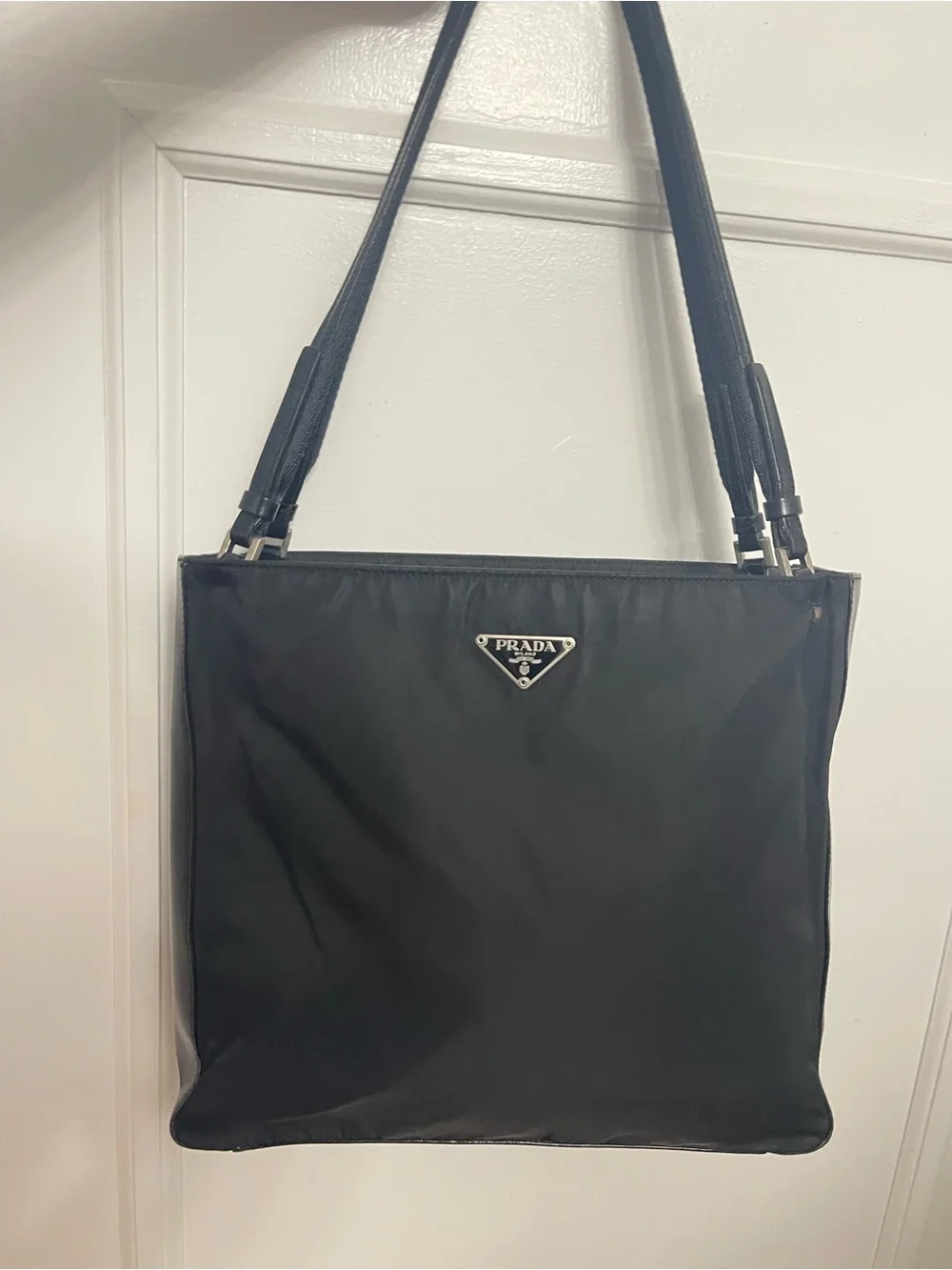 Prada Black Nylon Shoulder Bag with Silver Triangle Logo